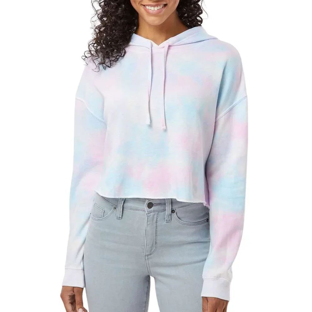 Women’s Crop Hooded Sweatshirt Tie Dyed Hooded Candy Pink & Blue Colors Cotton - Picture 1 of 5